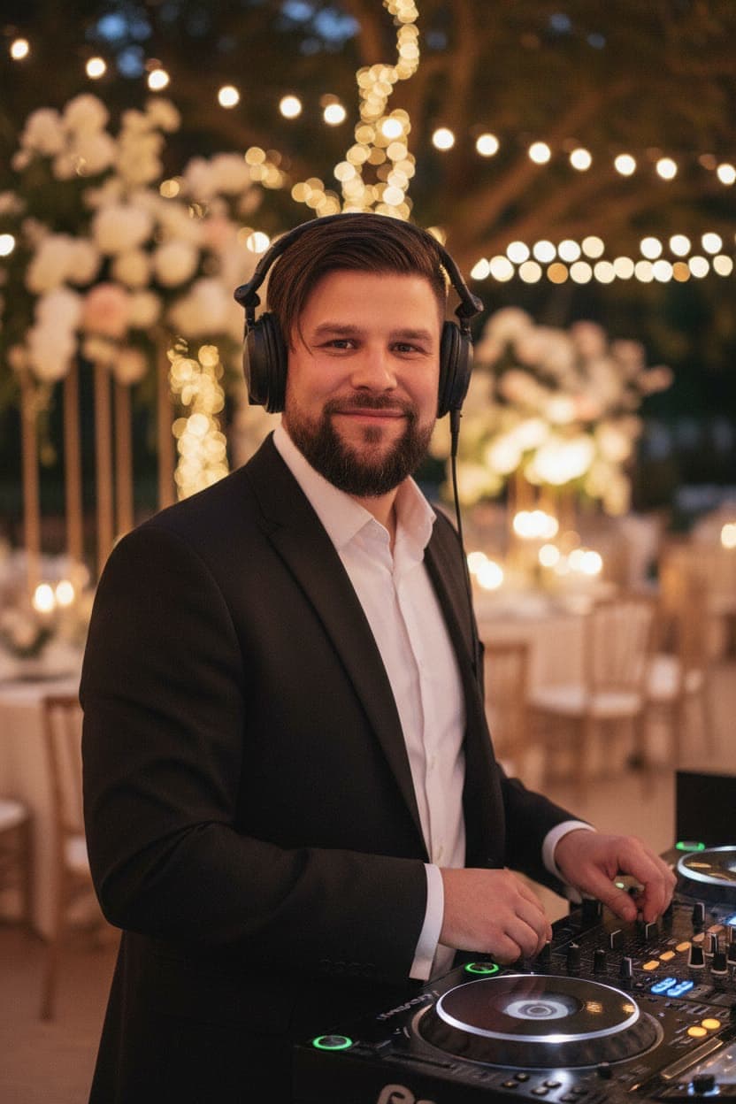 Sly derrière ses platines lors d'un mariage, guirlandes lumineuses